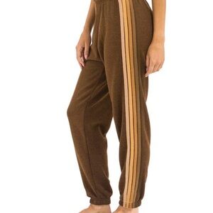 Aviator Nation Brown Track Joggers with Tan & Cream Side Stripes